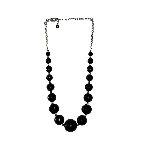 Statement Necklace Graduated Black Beads With Silver Beads & Chain Lobster Clasp - Picture 1 of 5